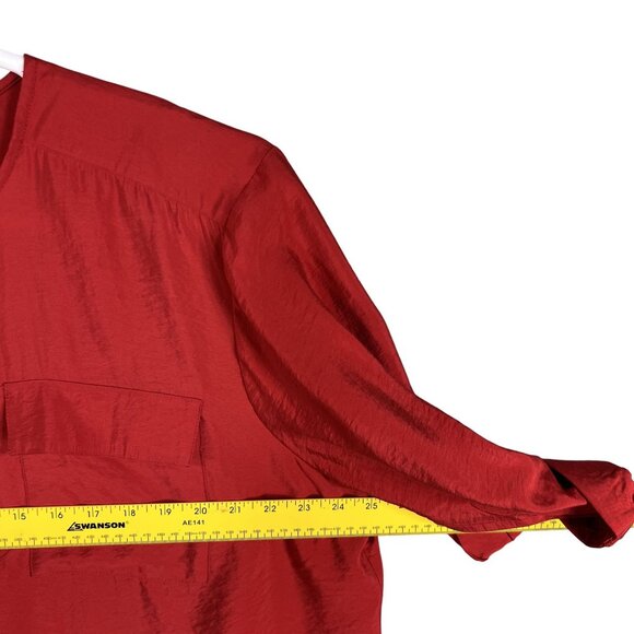 Beverly Drive NWT Womens 2X Holiday Red Silky Blouse 3/4 Tab Sleeve Pockets - Picture 8 of 14